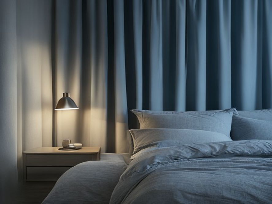 Minimalist bedroom with cool tones, blackout curtains, and comfortable furnishings